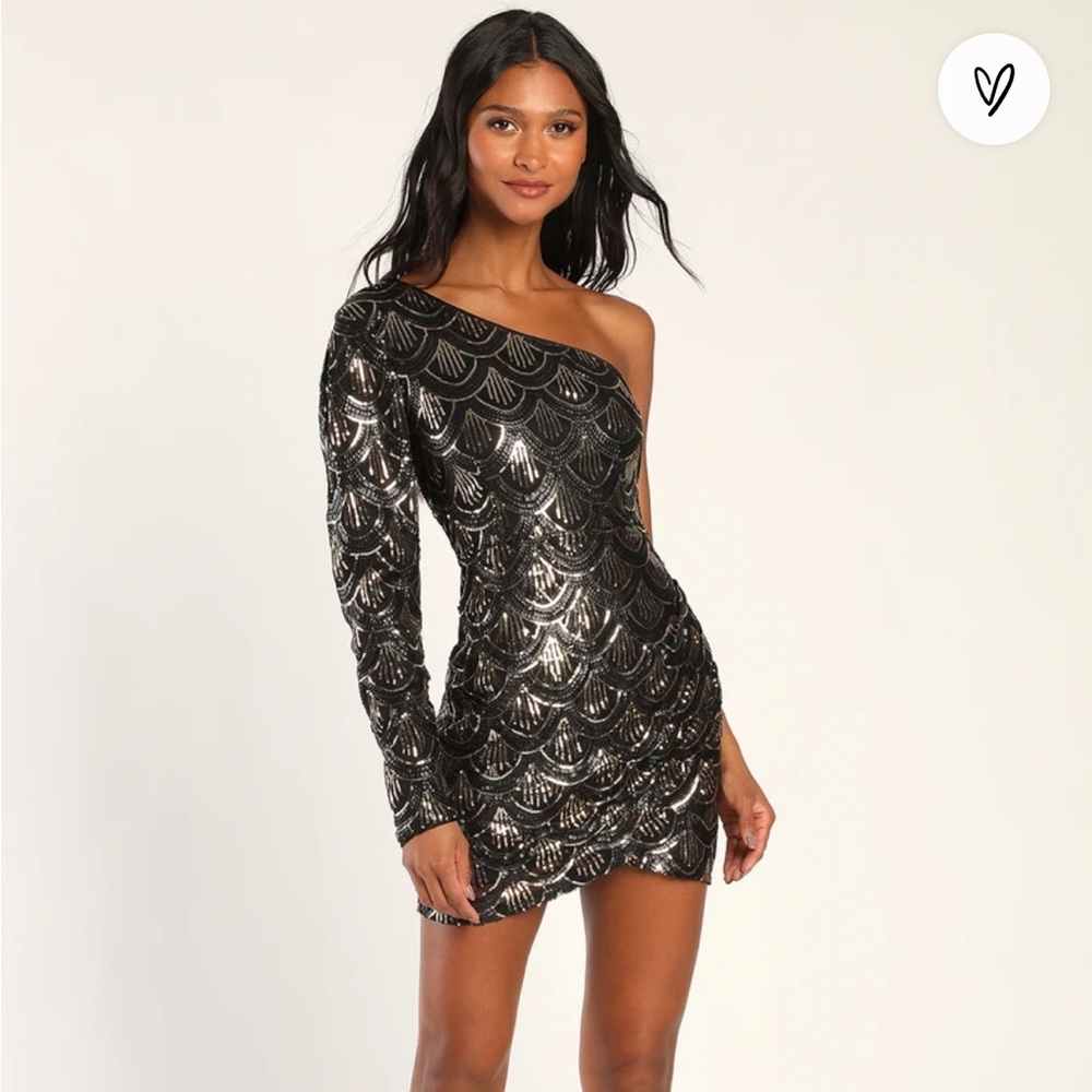 Lulus Large Inspired Allure Black Sequin One-Shoulder Bodycon Mini Dress